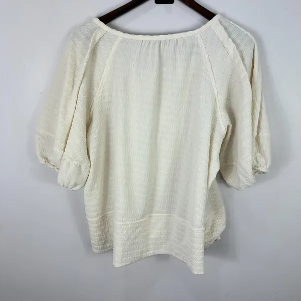 LOFT Peasant Top M Ivory Textured Tie Neck Blouse Boho‎ Minimalist Coastal Chic - Image 4