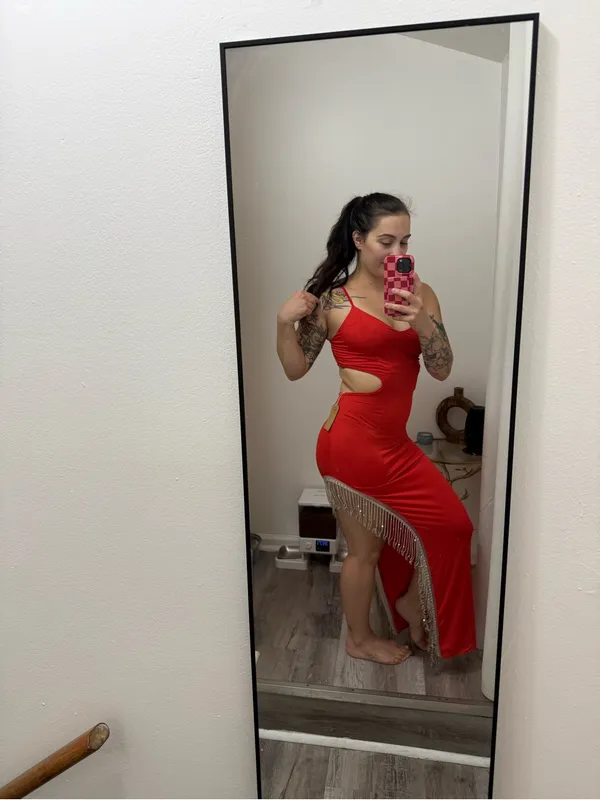 Red Strappy Cutout Evening Dress with Fringe - Image 2