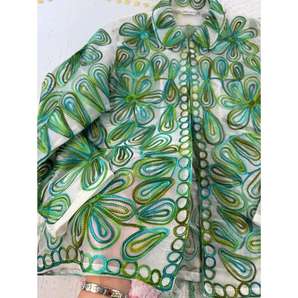 Laura Ashley Green Floral Embroidered Sheer Organza Button Down Shirt Large‎ - Image 5