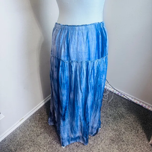 Honey Belle Blue Tie Dye Maxi Skirt Large Boho Tiered Ruffle Peasant - Image 3