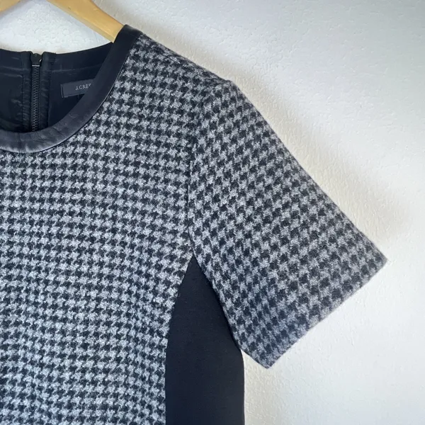 J. Crew Houndstooth Mini Shift Dress Wool Leather Women’s 10 wedding guest - Image 3