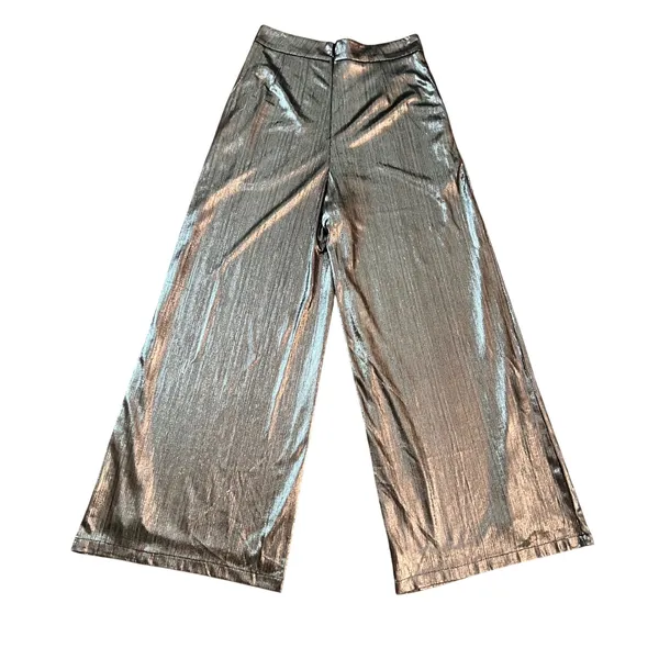 Lulus Silver Metallic Wide Leg Pants High Waisted Trousers XS Holiday - Image 3