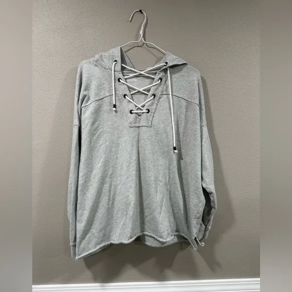 Aerie Oversized Gray Lace Up Raw Hem Sweatshirt Hoodie Size XS - Image 3