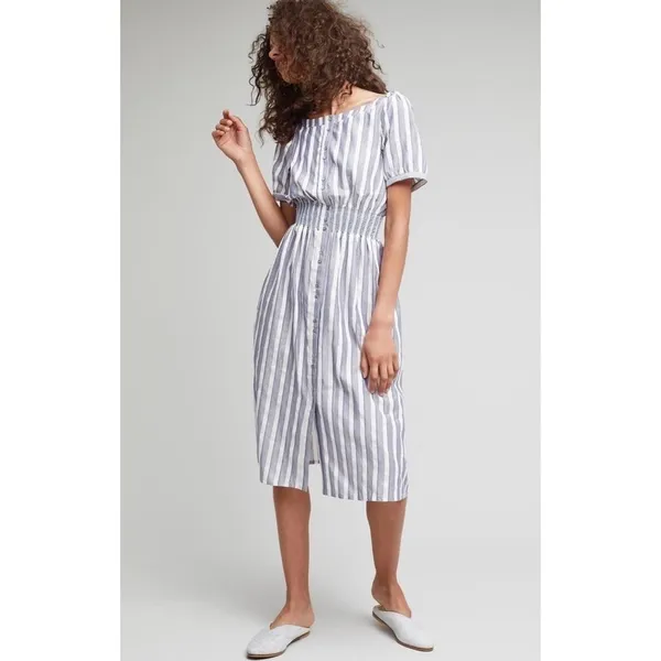 Anthropologie SEEN WORN KEPT Jenna Lurex Stripe Dress Blue White‎ Midi Size 12 - Image 4