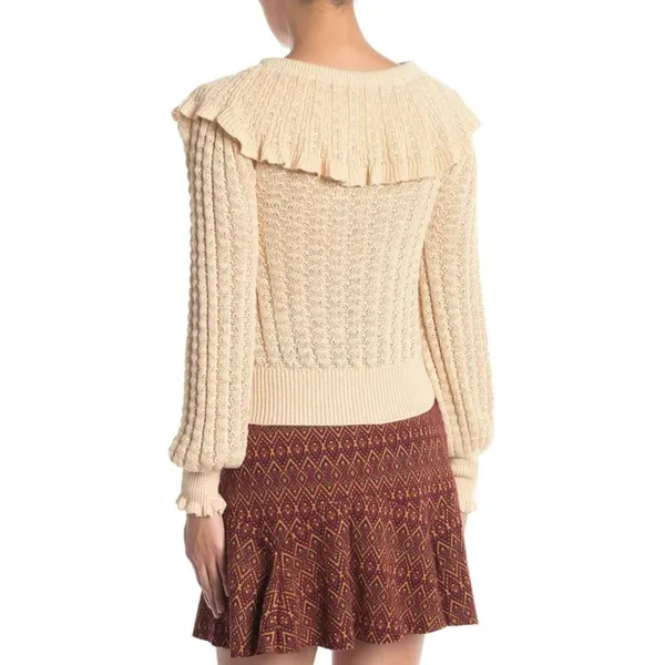 Crazy In Love Beige Linen Blend Off-The Shoulder Ruffle Sweater M - Image 3