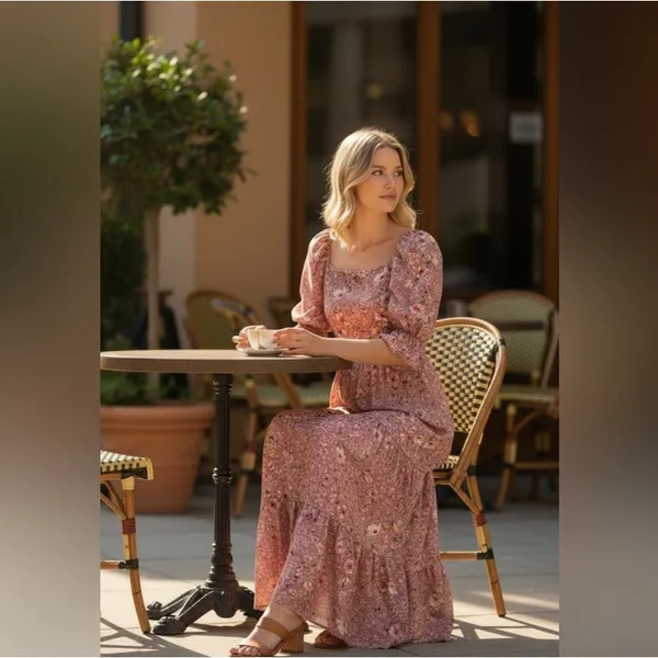 Inmod Pink Floral Puff Sleeve Open Tie Back Maxi Dress Small Romantic Feminine - Image 12