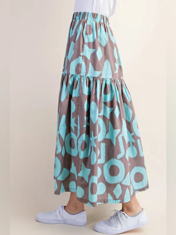 Boutique Geometric Print Tiered Maxi Skirt Taupe Turquoise Boho Resort L - Image 2