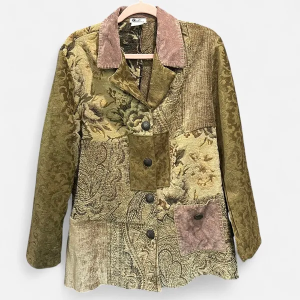 Vintage Y2K Boho Patchwork Tapestry Carpet Jacket Suede Collar Made in USA - Image 3