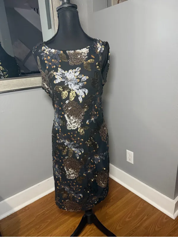 VTG Y2K Cache Floral Sequin Black Sparkle Sheath Cocktail Dress Medium. - Image 3