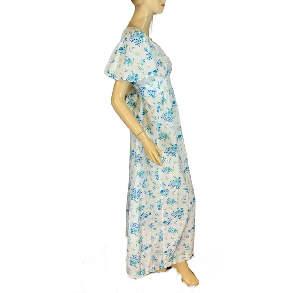 Vintage Circa 1970'S White W/Blue Floral Print Empire Waist Maxi Dress (S) - Image 3