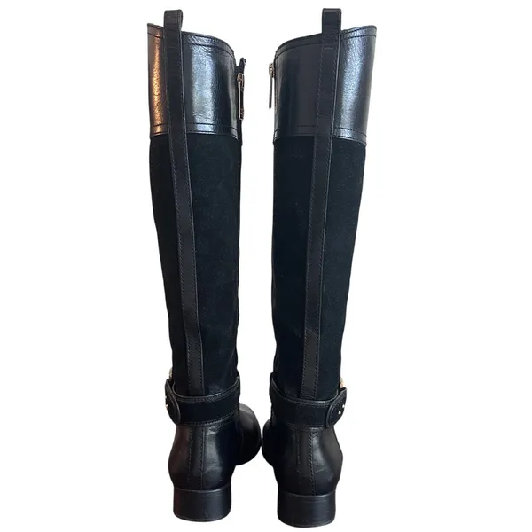 Tory Burch Tenley Riding Boots Black Leather Suede Gold T Logo Sz 8 - Image 4