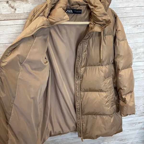 Zara Womens M Jacket Down Puffer Bronze‎ Brown Hooded Oversized Long EUC Pockets - Image 3