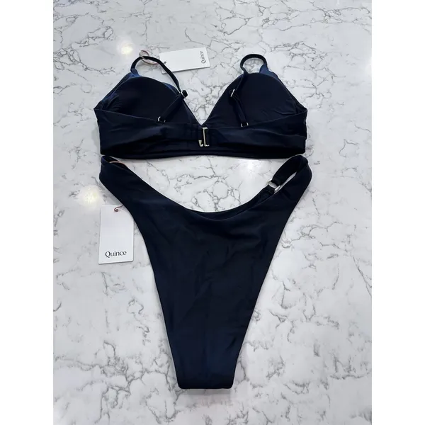 NWT Quince Black Italian V Neck Bikini Top & Ring High Leg Bottoms Set Medium - Image 2
