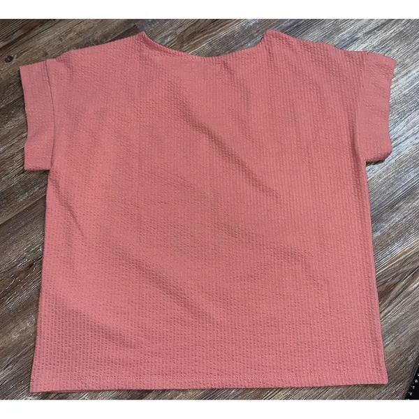 Madewell Knit Short Sleeve Fall Color 3 Button Sleeve Ribbed‎ Blouse Burnt Red - Image 2