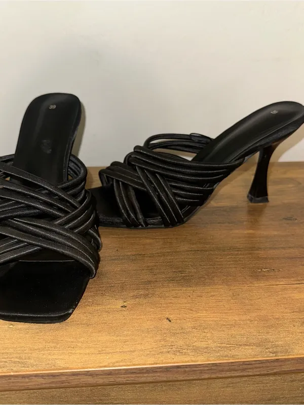 Black Strappy Heeled Sandals - Women's Dress Mules - Image 4