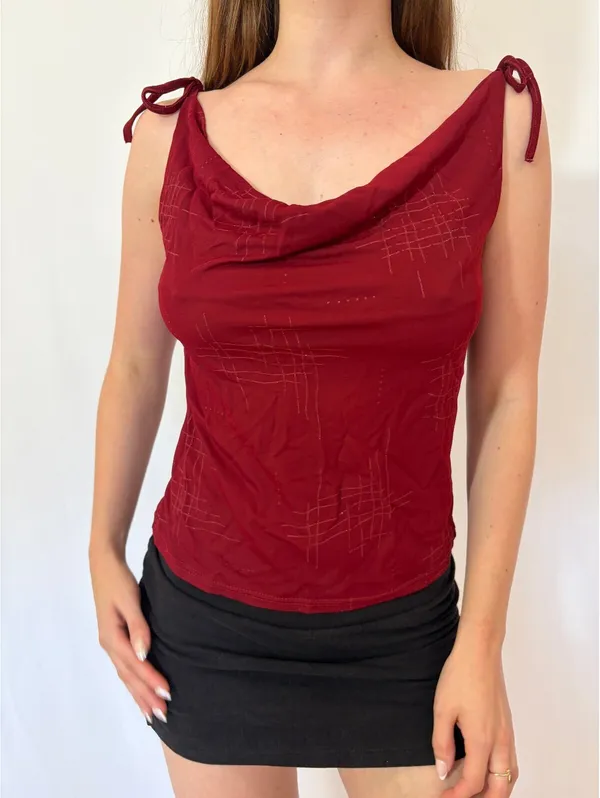 Red Slinky Cowl Neck Sparkly Top with Ties Size M - Image 5