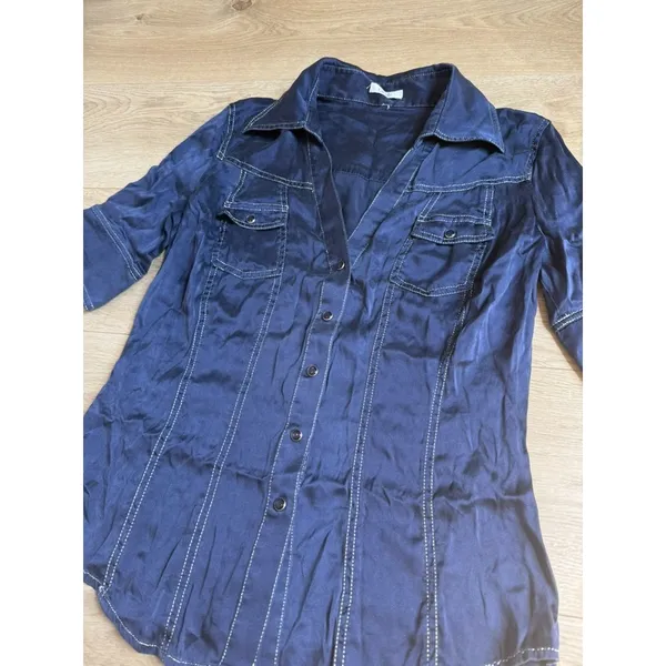 EUC Cache short sleeve pearl snap blue button up pockets western SILK size S VTG - Image 4