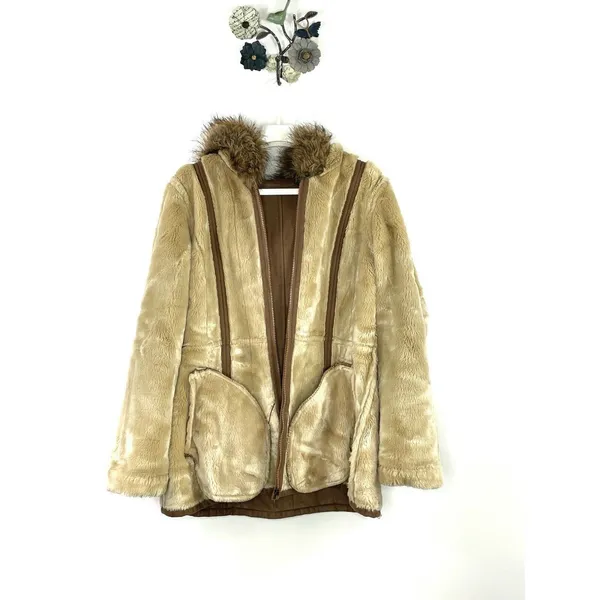 Gallery Women’s Jacket Faux Suede Leather Faux Fur Beige Size Large Hooded - Image 7