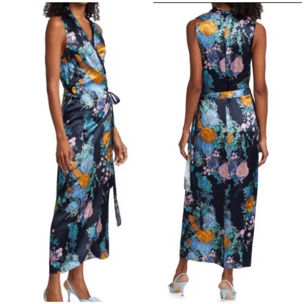 Quiet Luxury Watercolor Floral Bouquet Satin Wrap Maxi Dress Vince Designer XS - Image 3