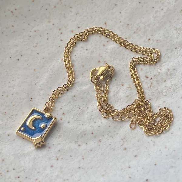 Handmade gold stainless steel blue celestial whimsical chic moon necklace🌟 - Image 7