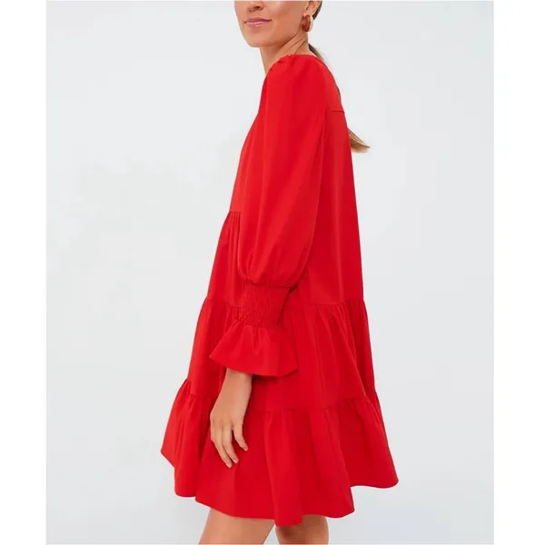 POMANDER PLACE Red Crepe Kenzo Tiered Dress Size Medium‎ - Image 2