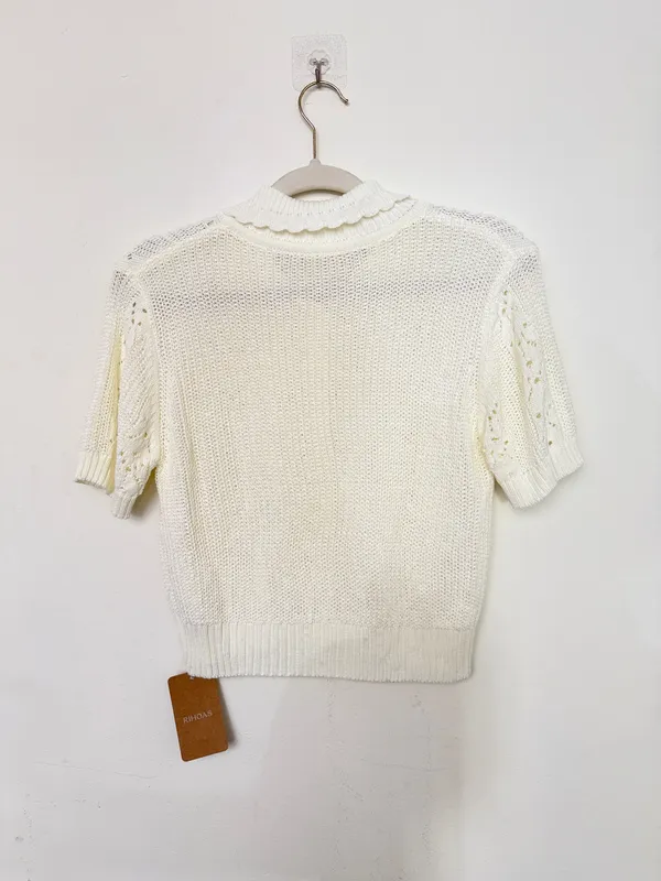 Rihoas white knit crochet short sleeve button up top - Image 2