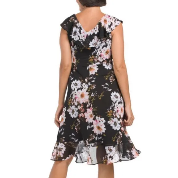 London Times Petites Floral Ruffle Trim Faux Wrap Dress Black Blush 10P - Image 9