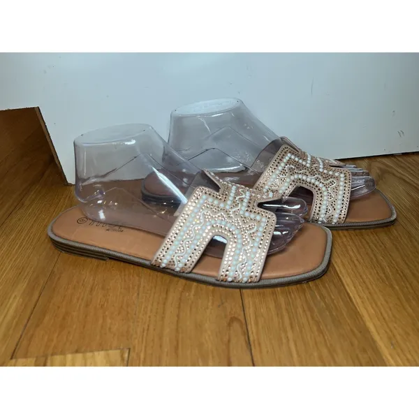 Rouge Helium Sandals Womens Size 9 Beige Beaded Studded Slide Slip On Shoes - Image 4