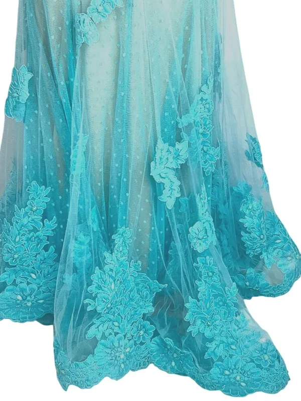 Turquoise Illusion Mermaid Gown Sheer Mesh Floral Lace Appliqués 6 Prom Wedding - Image 8