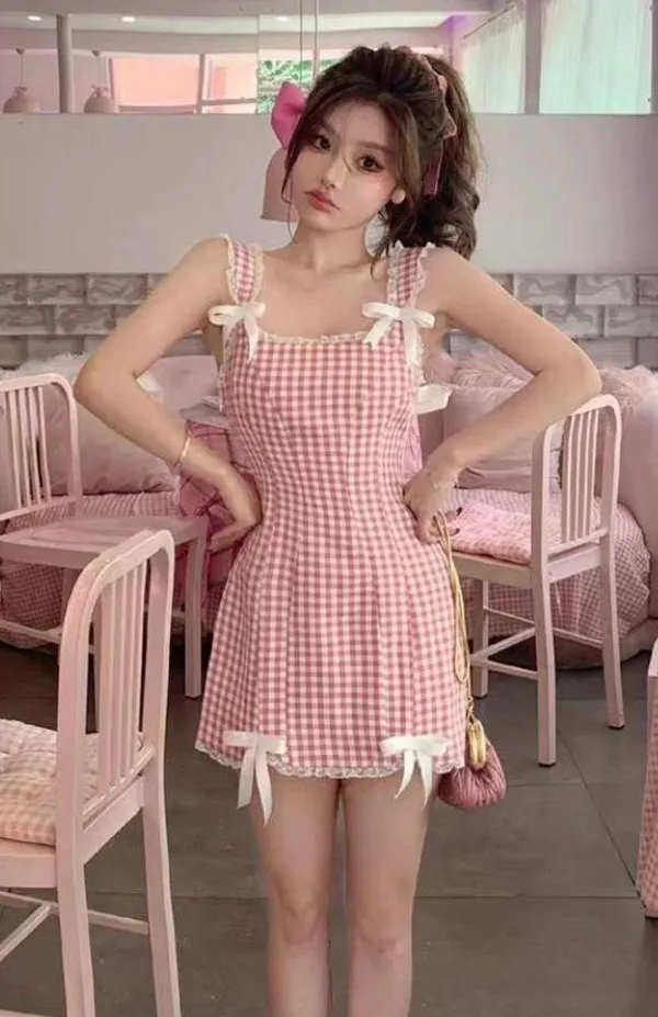 Japanese Kawaii Summer Red White Plaid Lace Ribbon Bow Y2K One Piece Mini Dress - Image 2