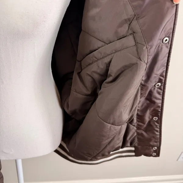 Tna Aritzia Stadium Jacket Brown Satin Varsity Bomber Striped Trim Women XL - Image 13