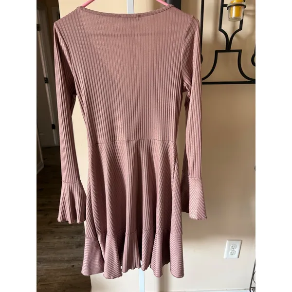 Altar'd State Taupe Metallic Wrap Mini Dress Long Bell Sleeve Pink Medium - Image 6