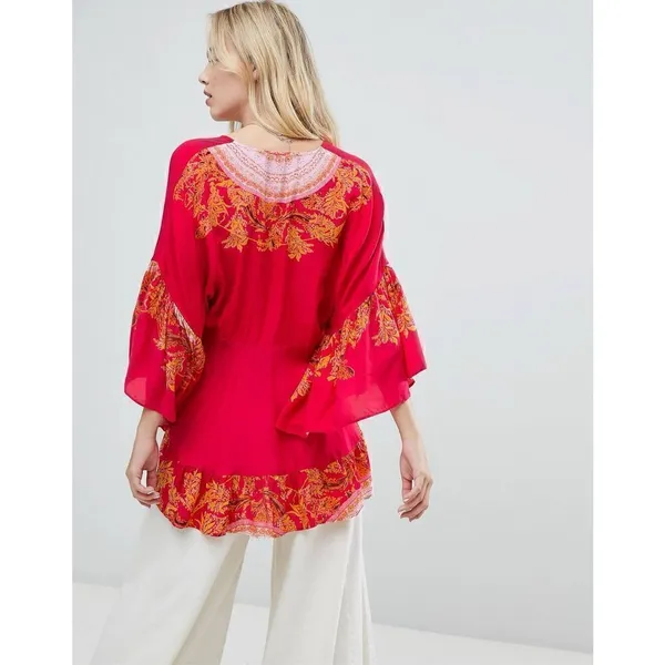 Free People Sunset Dreams printed flare sleeve blouse sz Small red‎ - Image 2