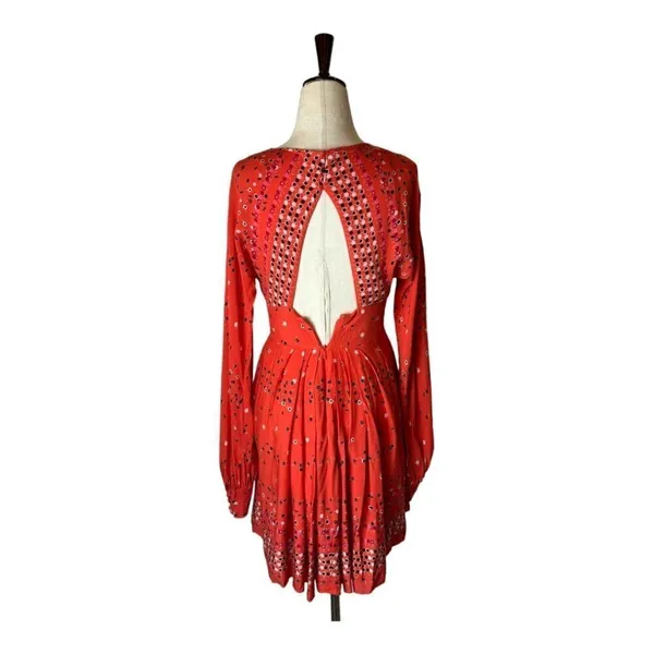 Free People Red Coryn Coral Polka Dot Long Sleeve Fit And Flare Dress Size‎ 0 - Image 4