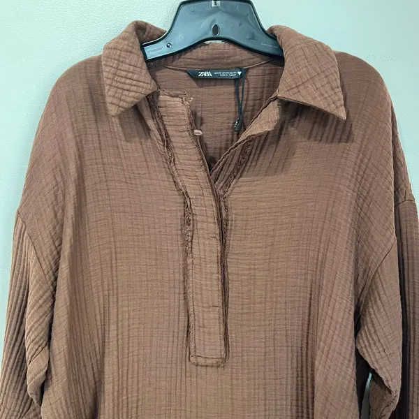 Zara Cotton Blend Oversized Top Size XS Brown Textured Gauze Relaxed‎ Fit - Image 5