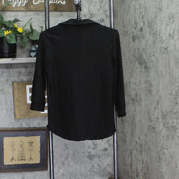 NWT Ny Collection Womens Petite 3/4 Sleeve Honeycomb Half Zip Shirt Top Black PM - Image 3