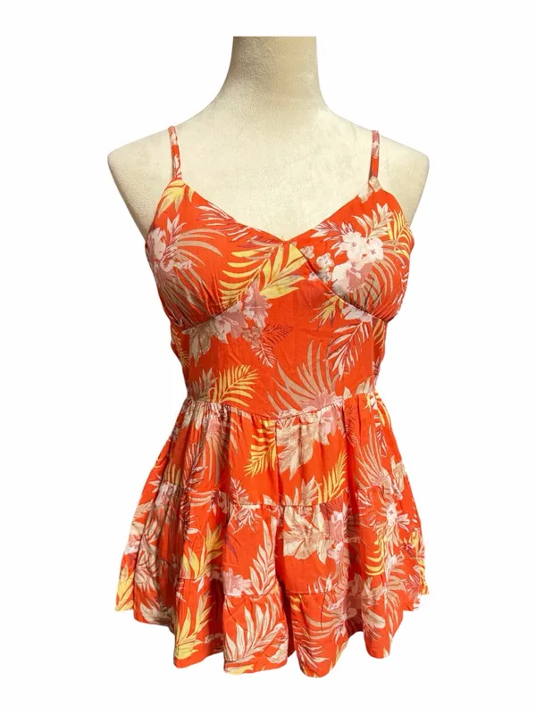 Derek Heart Tropical-Print Orange Mini Romper - Sleeveless V-Neck Sz M - Image 2