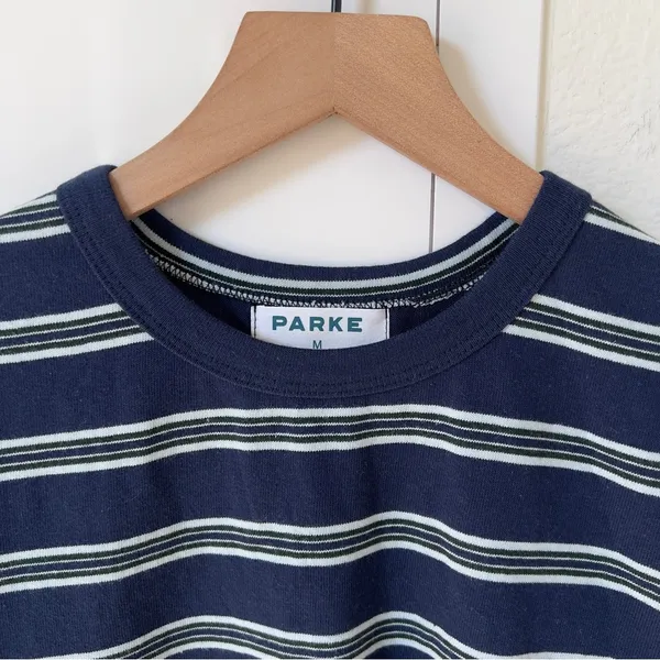 PARKE Holiday Striped T-Shirt Striped Tee in Snowflake Stripe Blue New - Image 6