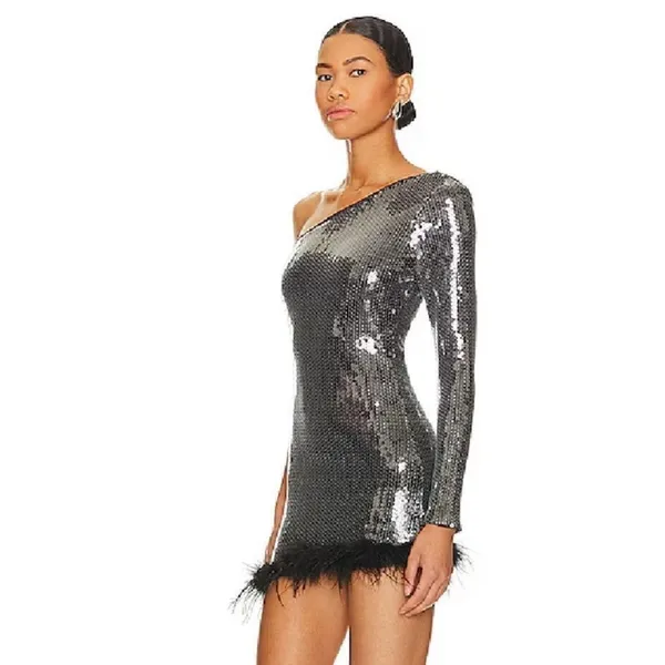 NWT Superdown Revolve Cecelia One Shoulder Sequin Feathers Mini Dress Formal - Image 4