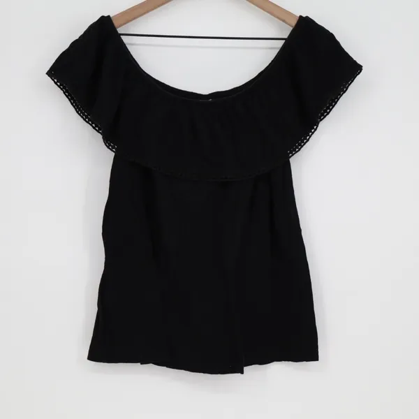 Old Navy Blouse Top Womens Medium Black Cotton Pleated Off the Shoulder Outdoor - Image 2