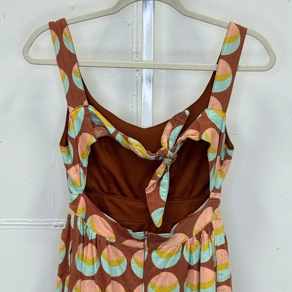 Judith March Brown Geometric Crescent Print Linen Blend Cutout Tie Back Dress S - Image 6