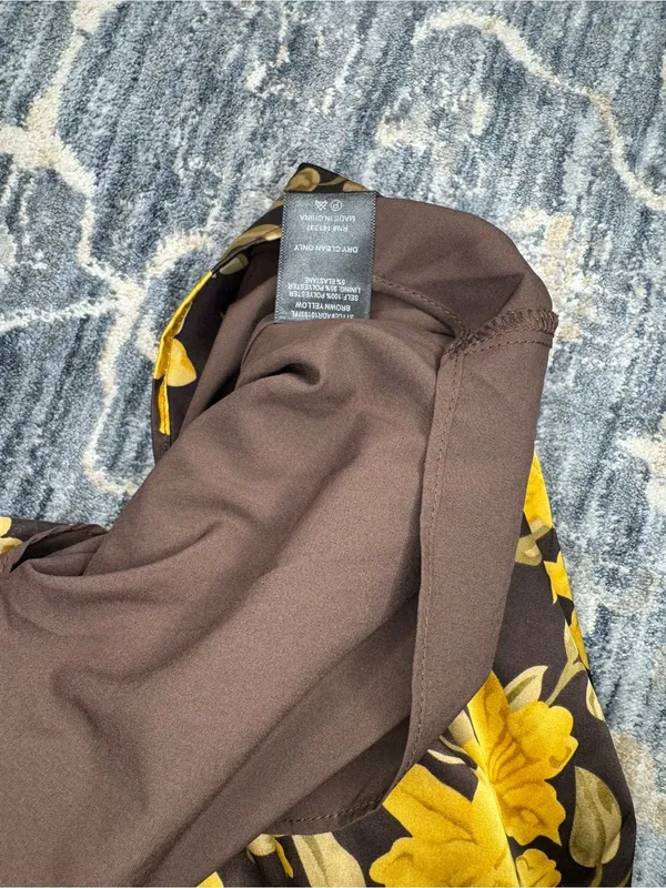 NWOT Floret Studios Brown and Yellow Floral Shirred Long Sleeve Mini Dress Sz L - Image 9