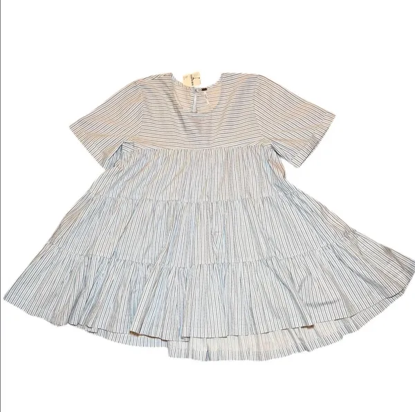 Free People Blue Stripe Babydoll Mini Dress Tiered Short Sleeve Size M NWT - Image 7