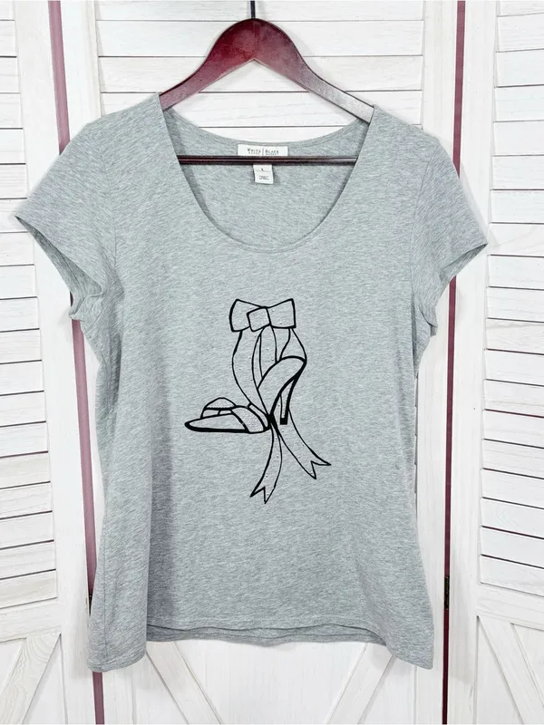 WHBM Studded High Heel Graphic Tee Shirt Grey Large Cap‎ Sleeve Casual Glam - Image 7
