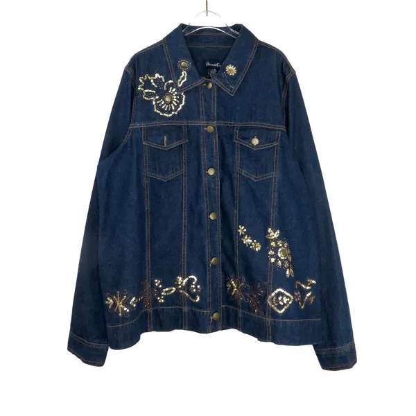 Denim & Co. 1990s Vintage Embellished Denim Jacket Jean Jacket Beaded Sequin XL - Image 2