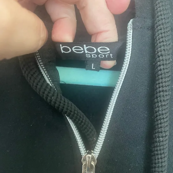 Bebe Black Full-Zip Logo Tape Sleeve Hoodie Jacket Sz L - Image 3