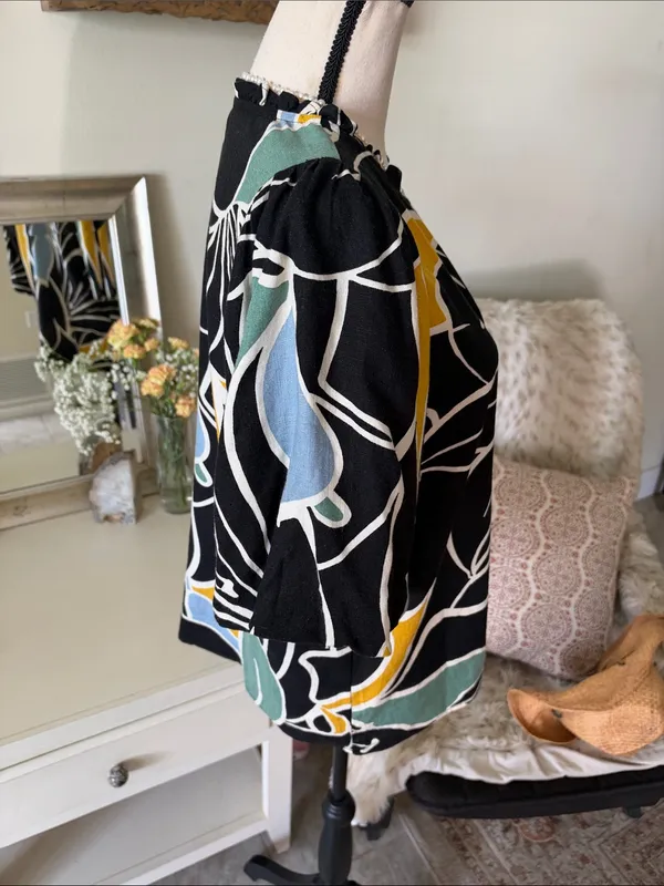 Ann Taylor black linen blend multicolor tropical puff sleeve blouse top M - Image 9