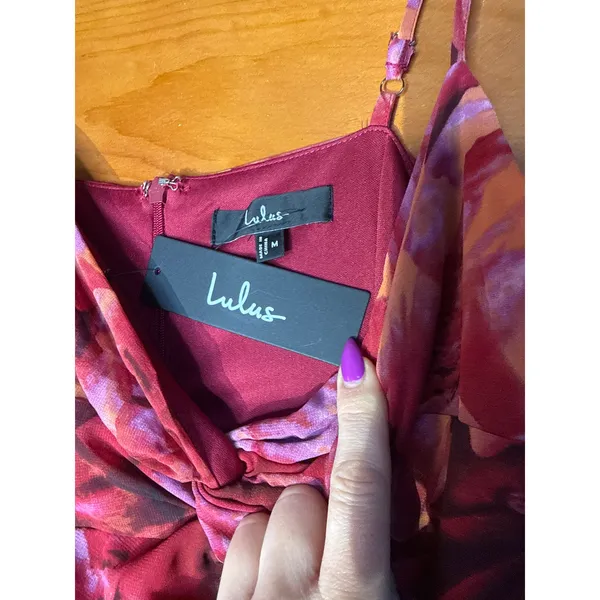 NWT Lulus Beautiful Soul Burgundy Floral Print Twist-Front Maxi Dress Cruise M - Image 6