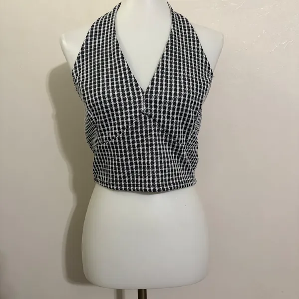 21 Saints Halter Crop Top L Black White Houndstooth Backless V-Neck Mod Summer - Image 2