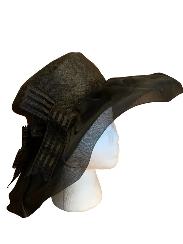 Vintage Adolfo Ii Black Wide Brim Linen Hat With Striped Bow - Image 2